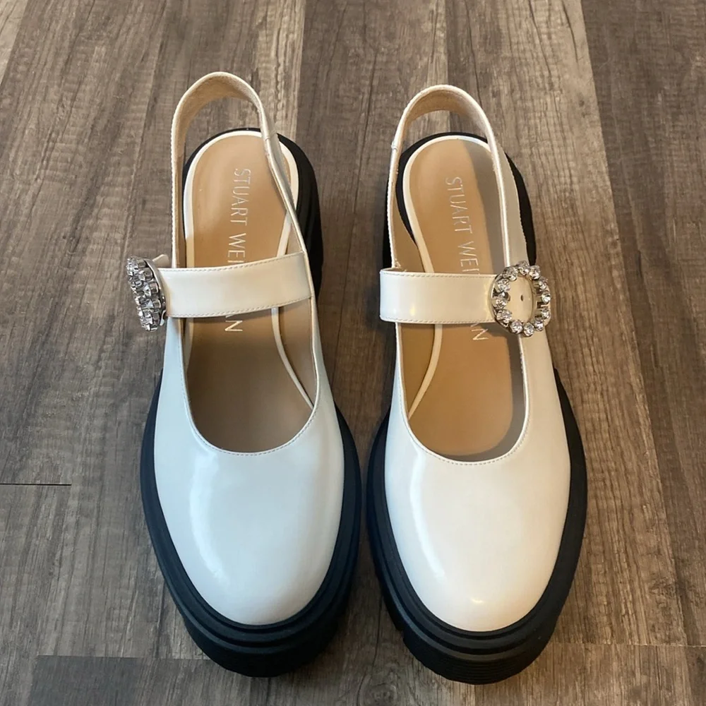 Stuart Weitzman White Mary Jane Platform Shoes with Black Lug Sole